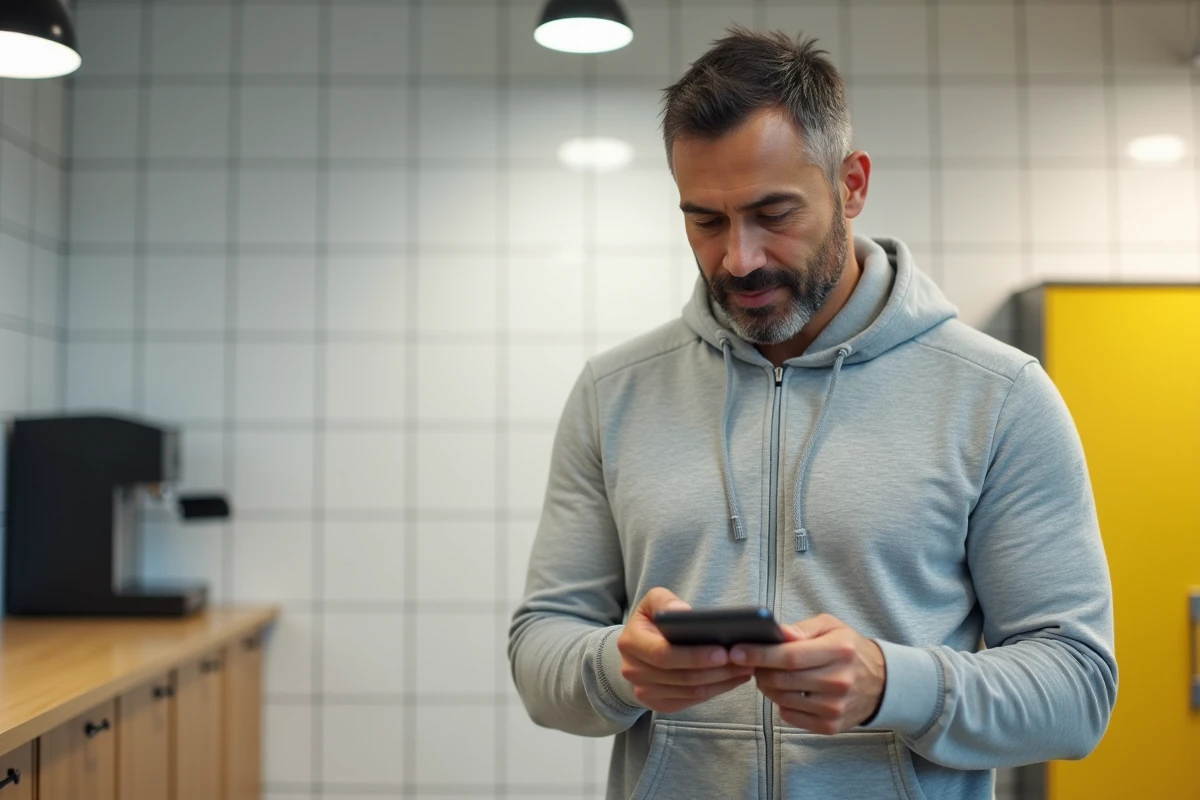 Agent postal masculin accédant à son espace habillement La Poste depuis un smartphone dans une salle de pause