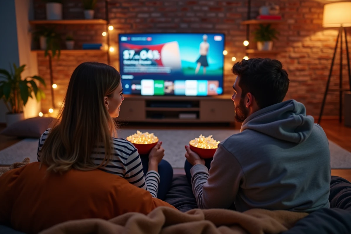 Deux amis partageant une soirée cinéma devant une plateforme de streaming sur smart TV dans un salon convivial et décoré