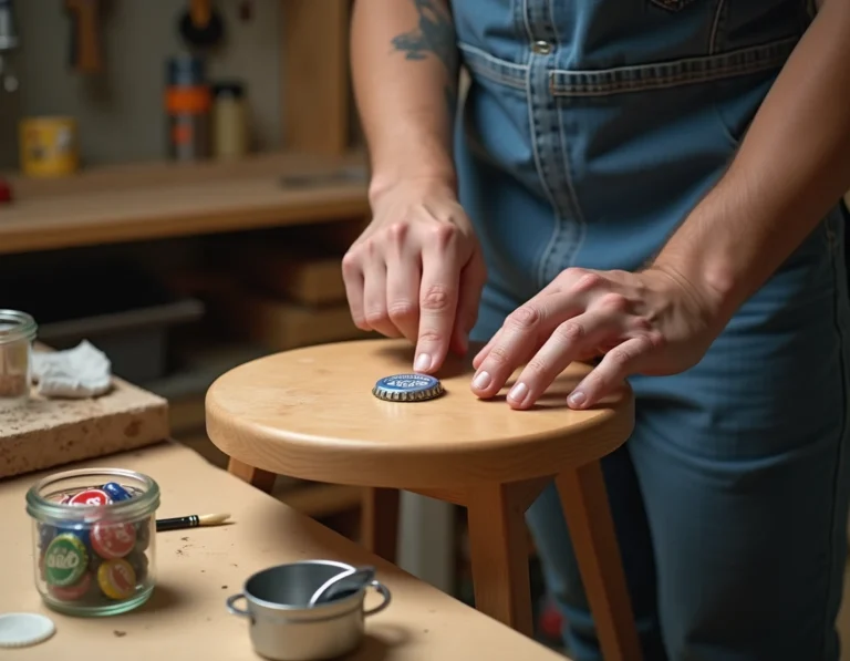 Mains collant des capsules de bière colorées sur un tabouret en bois lors d'un atelier DIY