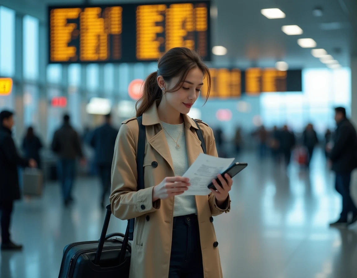 Jeune femme comparant son billet d'avion papier et son billet mobile devant un tableau des départs