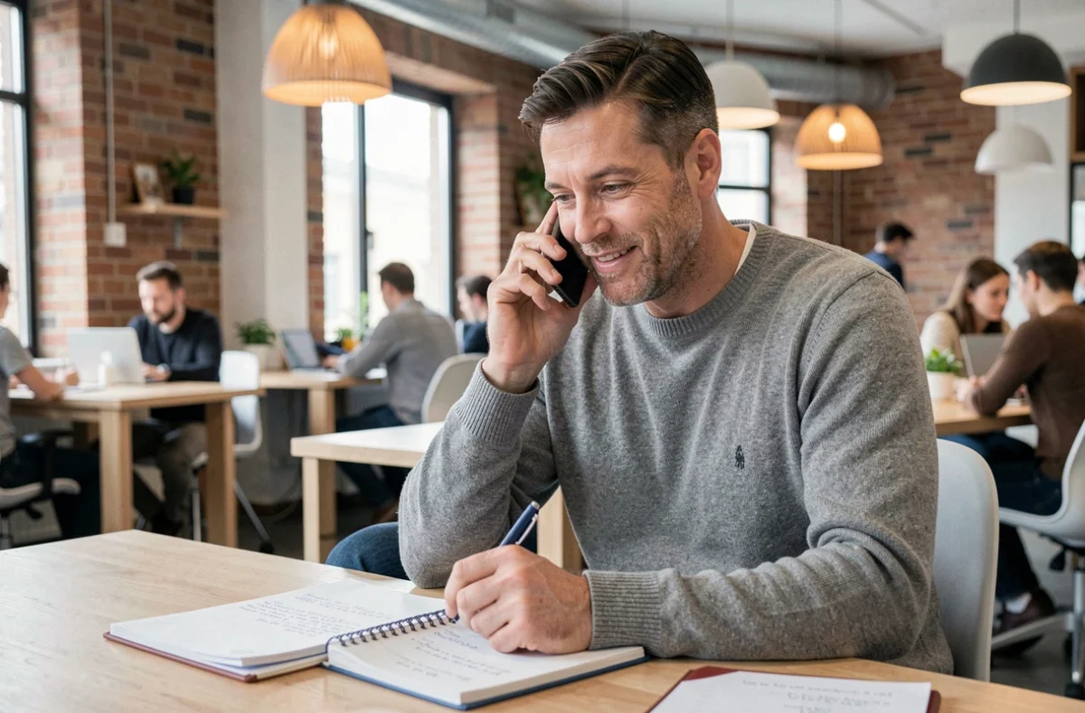 Consultant en netlinking contactant un partenaire par téléphone dans un espace de coworking