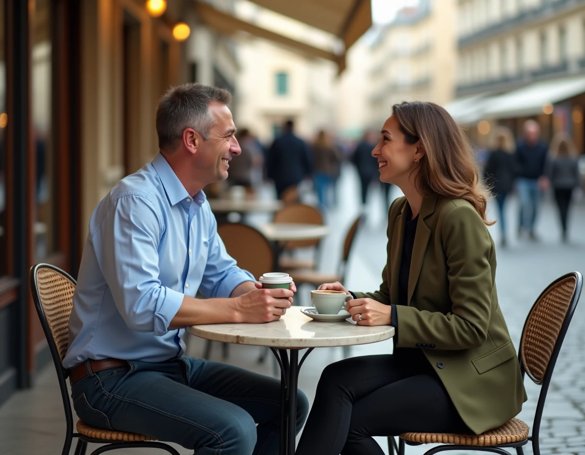 Couple attablé en terrasse de café parisien dans un moment de conversation intime, image illustrant le respect de la vie privée des couples médiatiques