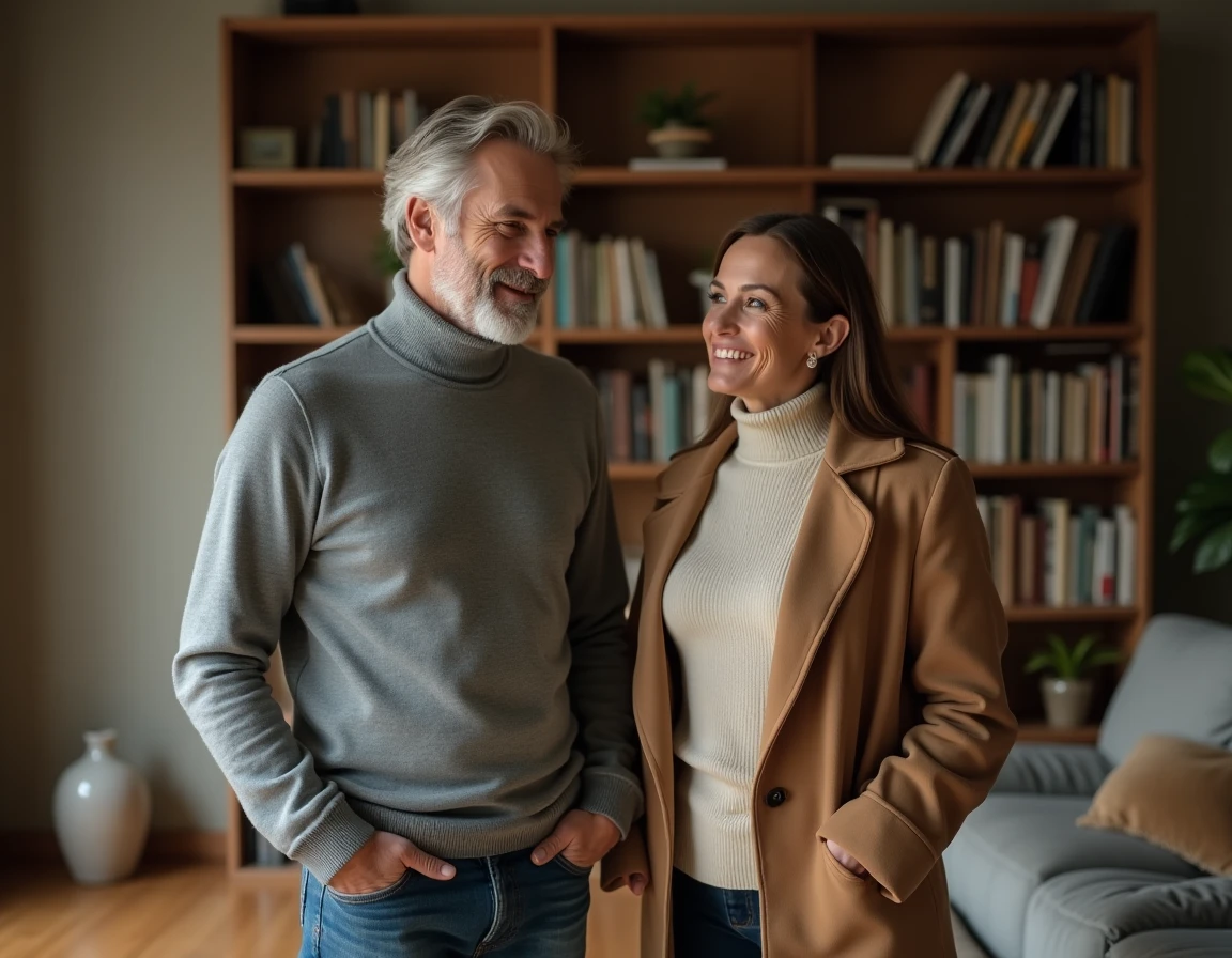 Couple dans un intérieur domestique cultivé devant une bibliothèque, illustrant la frontière entre vie publique et vie privée des personnalités