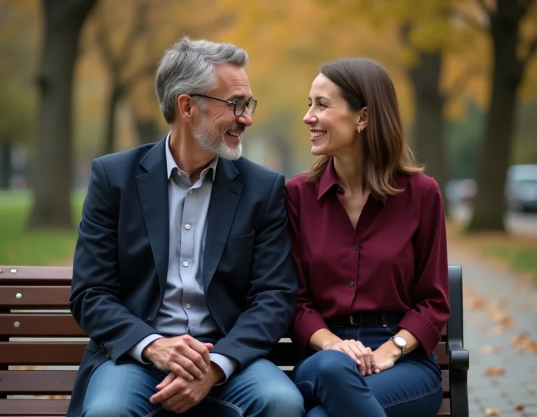 Couple assis sur un banc dans un parc urbain en automne, représentant la vie privée d'un couple public abordée avec respect et discrétion
