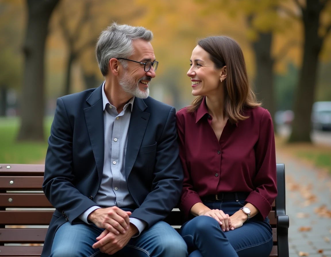 Couple assis sur un banc dans un parc urbain en automne, représentant la vie privée d'un couple public abordée avec respect et discrétion