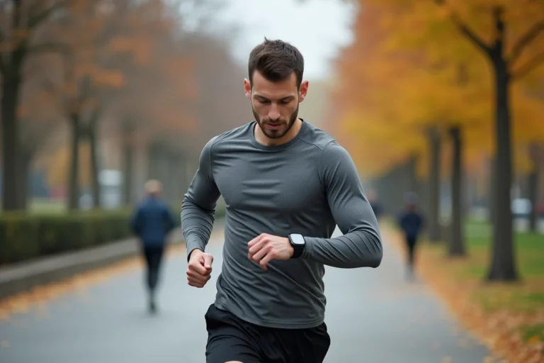 Coureur en tenue de sport consultant sa montre connectée lors d'un jogging en plein air en automne