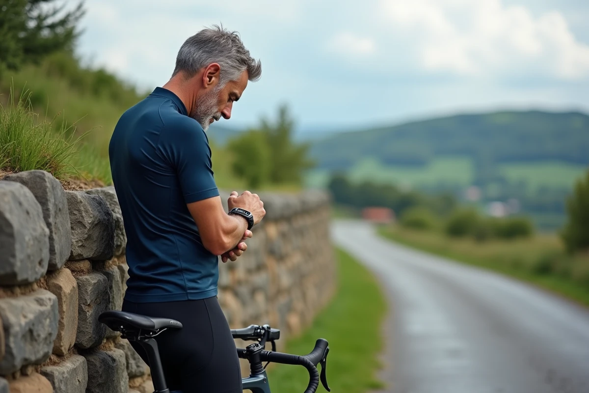 Cycliste consultant les données de sa montre connectée au bord d'une route de campagne lors d'une pause vélo
