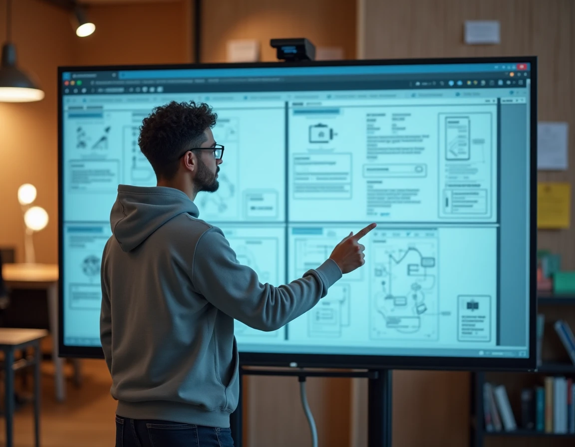Designer UX présentant un wireframe sur écran tactile dans un studio de startup collaboratif