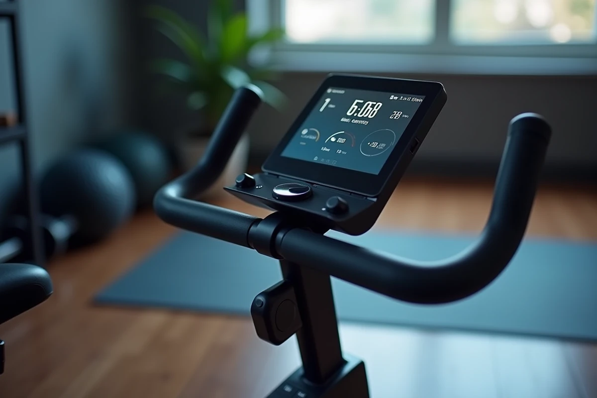 Gros plan sur le tableau de bord et les commandes du vélo stationnaire Sportstech X150