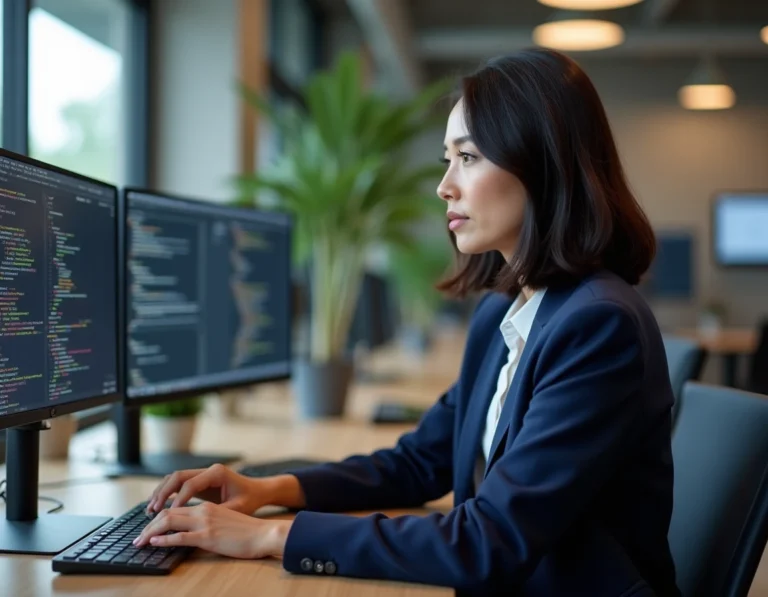 Développeuse web en blazer marine travaillant sur deux écrans dans un bureau technologique moderne