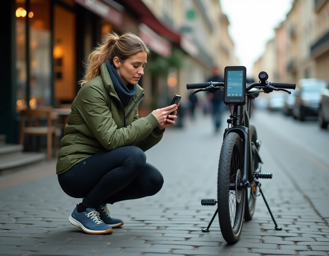 Cycliste utilisant une application smartphone pour diagnostiquer une panne de vélo électrique Decathlon en ville