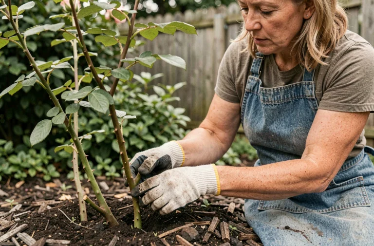 Jardinière retirant un gourmand à la base d'un rosier avec ses mains gantées dans un jardin bien entretenu