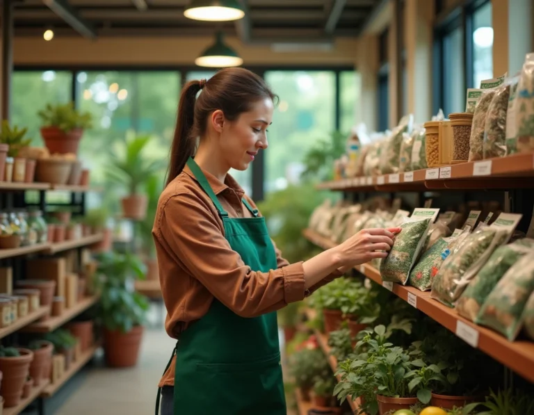 Employée en tablier vert dans un magasin Gamm Vert examinant des sachets de graines dans le rayon jardinage