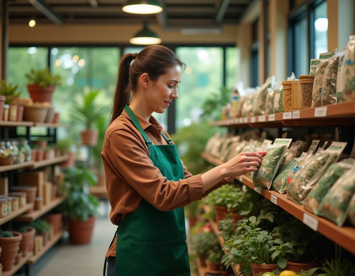 Employée en tablier vert dans un magasin Gamm Vert examinant des sachets de graines dans le rayon jardinage