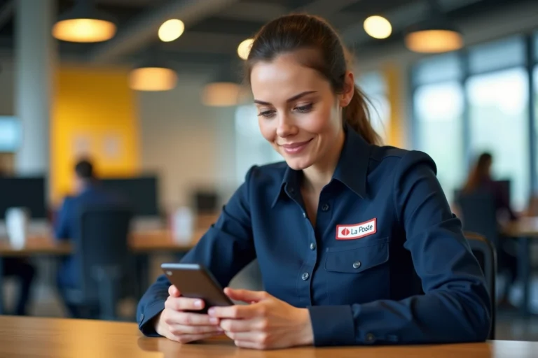 Employée de La Poste en uniforme consultant son espace habillement sur smartphone au bureau