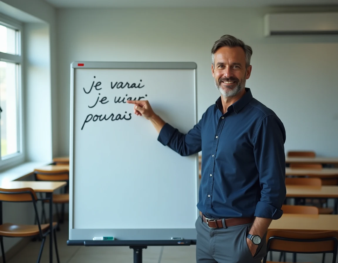 Enseignant expliquant la différence entre je pourrai et je pourrais au tableau blanc dans une salle de classe moderne