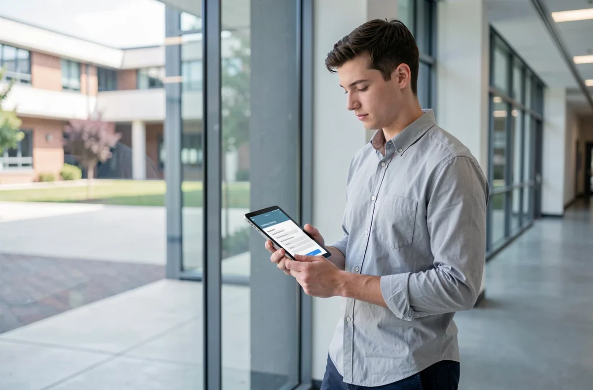 Étudiant consultant un programme de formation sur tablette dans un couloir de campus moderne