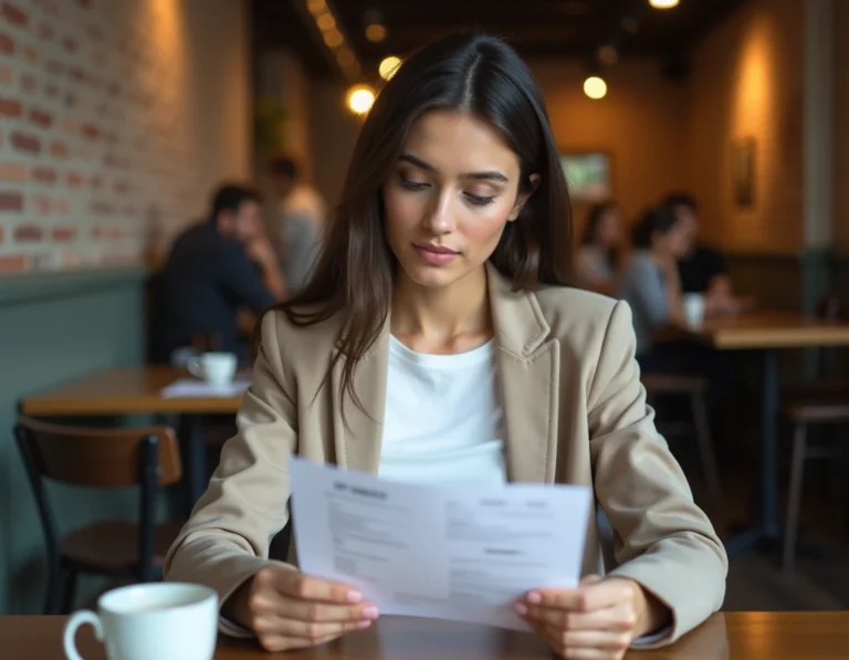 Étudiante révisant son CV dans un café moderne pour décrocher un job étudiant