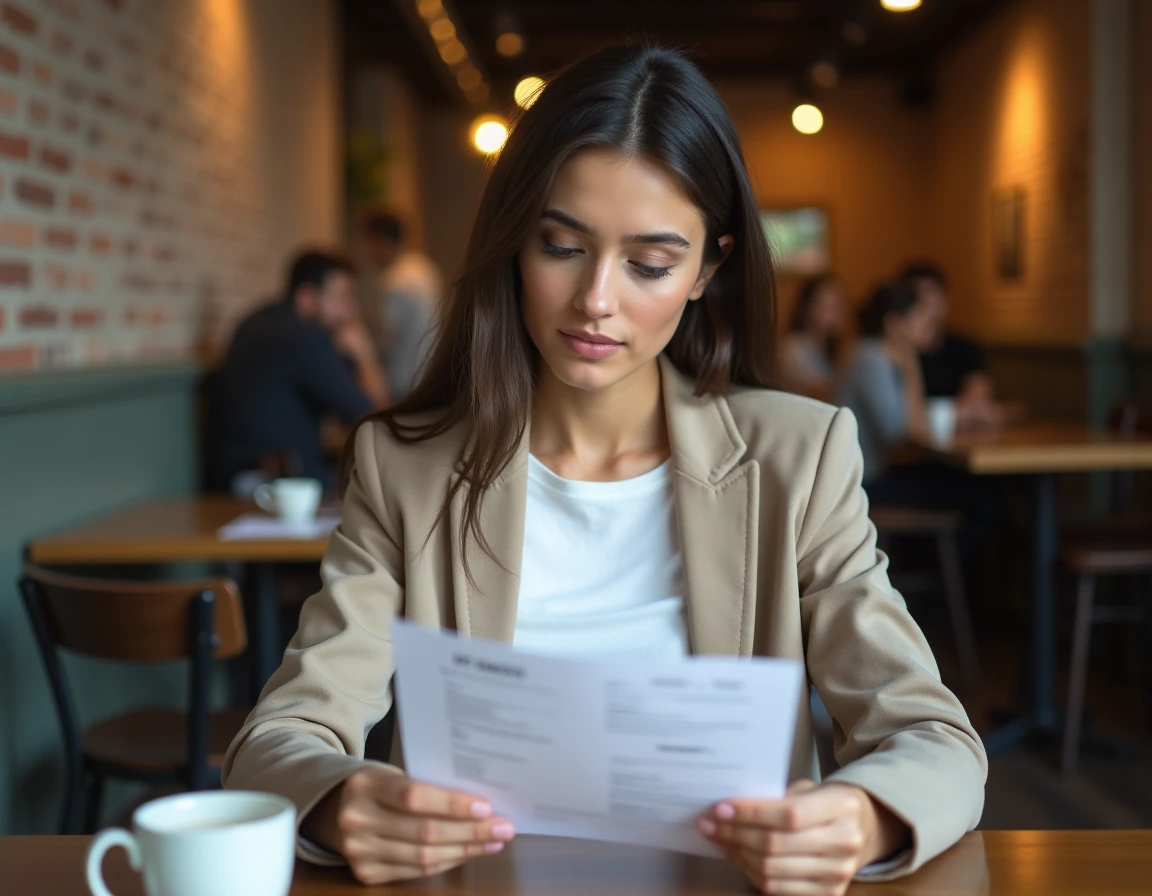 Étudiante révisant son CV dans un café moderne pour décrocher un job étudiant