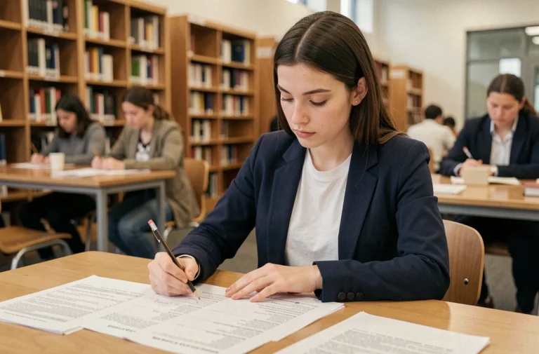 Étudiante consultant des offres d'emploi dans une bibliothèque universitaire moderne