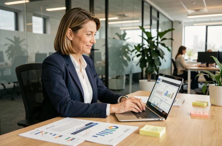 Experte en référencement naturel analysant un audit SEO sur son ordinateur dans une agence web moderne