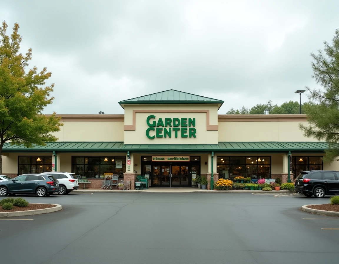 Façade extérieure d'un magasin Gamm Vert en zone commerciale avec parking et présentoirs de plantes saisonnières