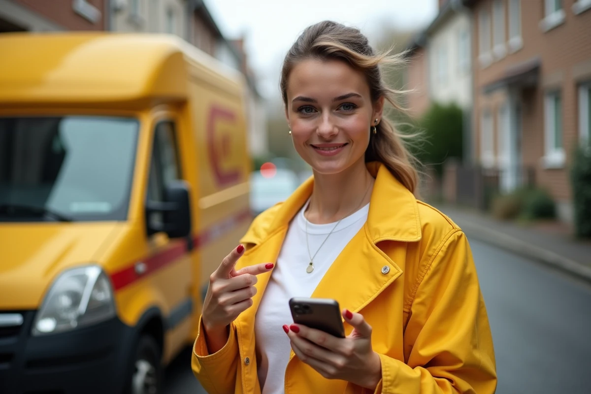 Factrice La Poste consultant son espace habillement en ligne sur smartphone à côté de son véhicule de livraison