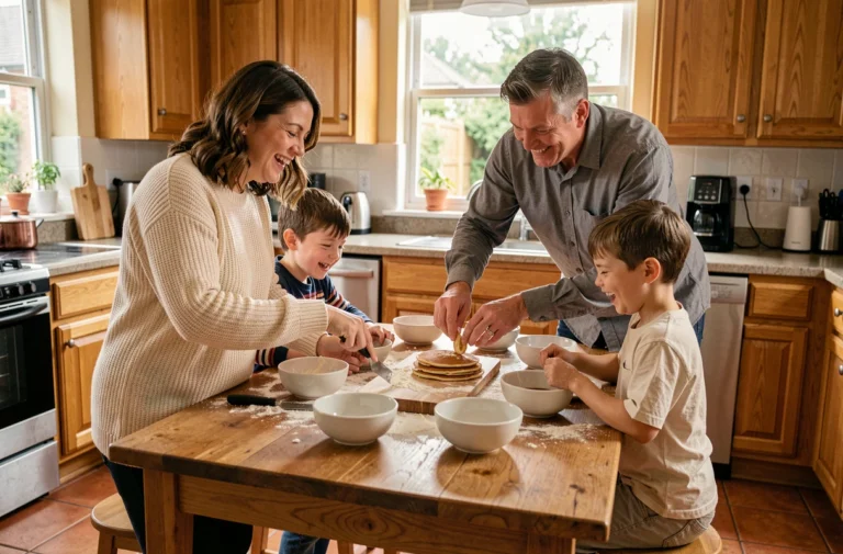 Famille réunie autour de la table de cuisine pour préparer des pancakes ensemble le matin