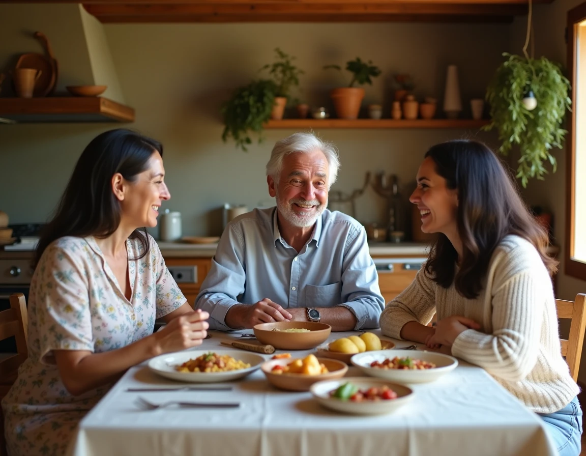 Famille méditerranéenne réunie autour d'une table en Provence, symbolisant les origines familiales et culturelles de Kelly Vedovelli