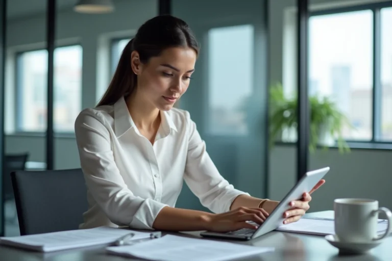 Femme lisant les actualités en temps réel sur une tablette dans un bureau moderne