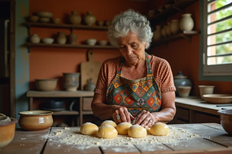 Femme antillaise façonnant des pains au beurre traditionnels dans une cuisine créole rustique