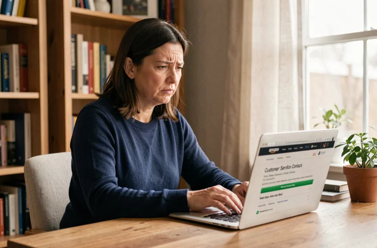 Femme contacting le service client Amazon sur son ordinateur portable depuis son bureau à domicile