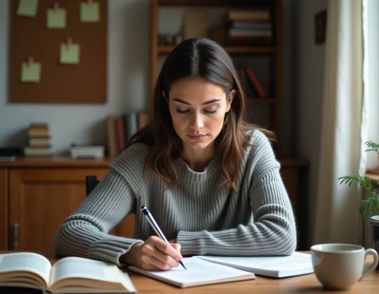 Femme écrivant dans un cahier de grammaire française à son bureau en bois, entourée de livres et de notes sur le conditionnel et le futur