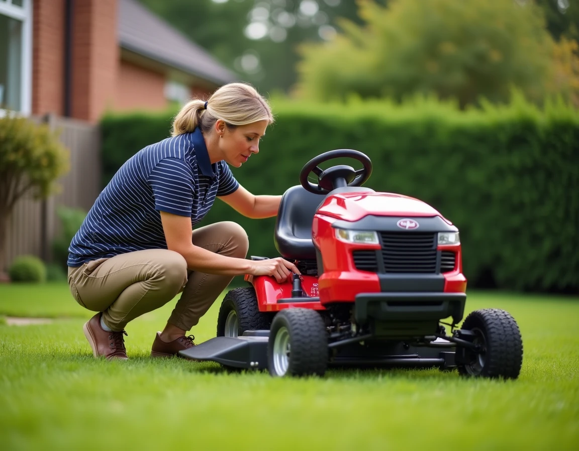 Une femme inspecte un tracteur tondeuse sur une pelouse entretenue avant de faire son achat