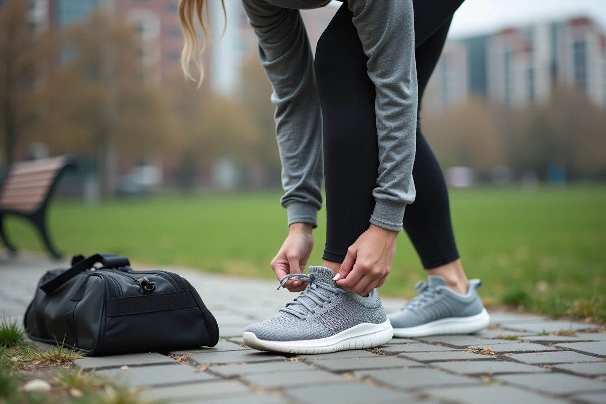 Femme attachant ses chaussures de course en extérieur