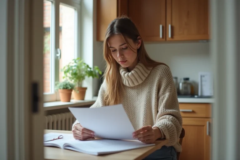 Femme lisant des documents dans une cuisine lumineuse