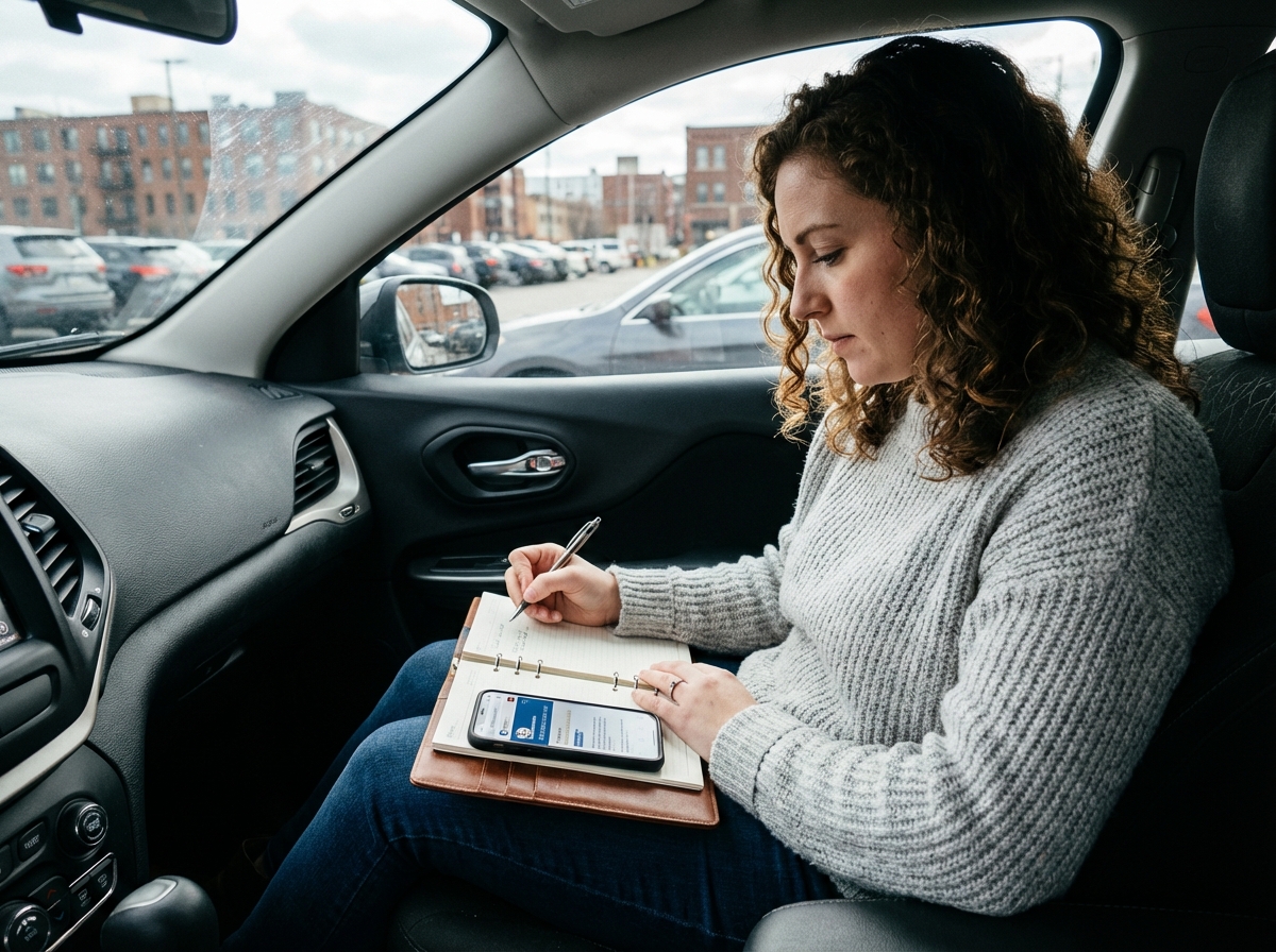 Femme concentrée remplissant un agenda dans une voiture