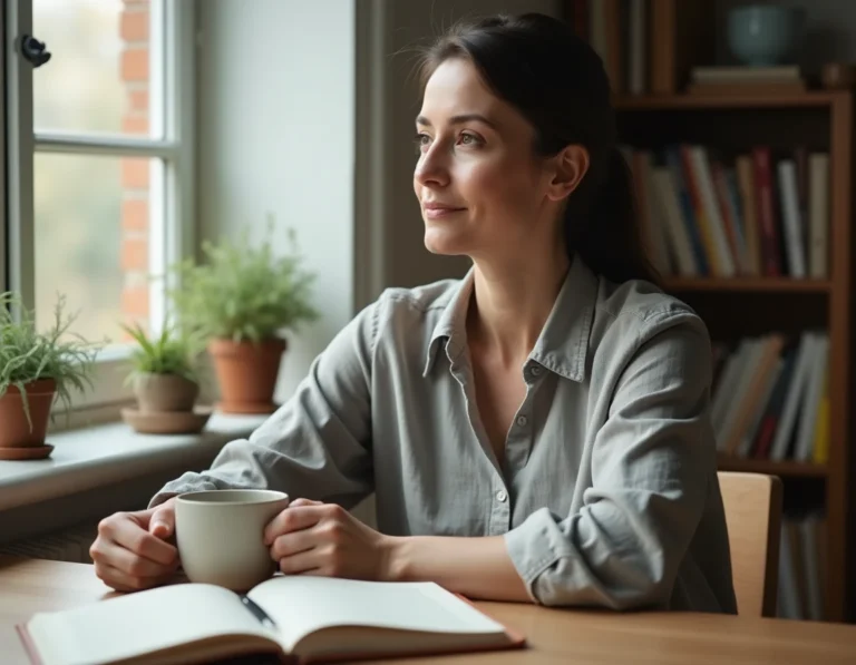 Femme en reconversion professionnelle après un burn out, assise à son bureau avec un carnet ouvert, expression sereine et introspective