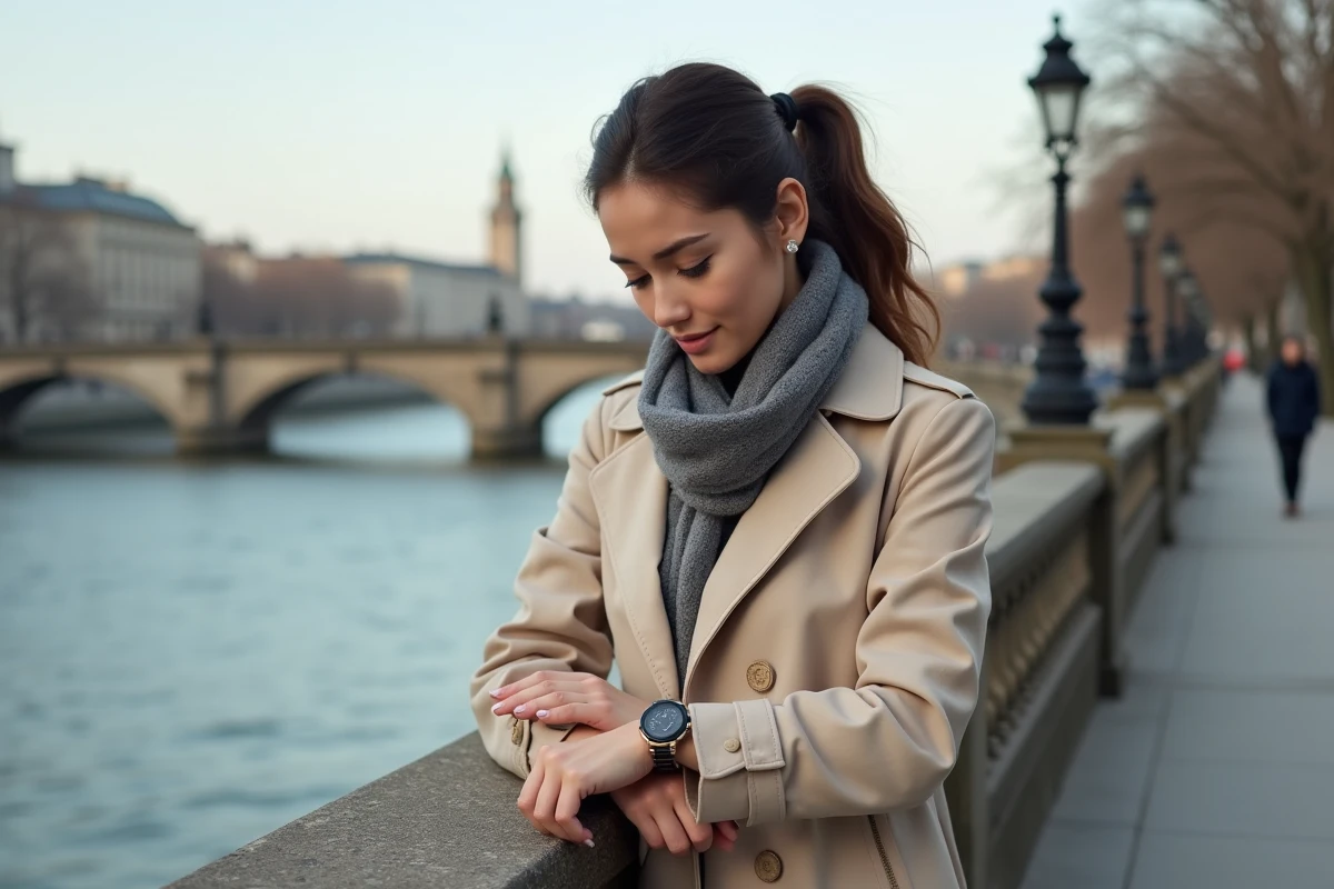 Jeune femme vérifiant sa montre à la rivière en ville