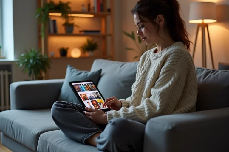 Jeune femme utilisant une tablette pour naviguer sur une plateforme de streaming innovante dans un salon moderne et minimaliste
