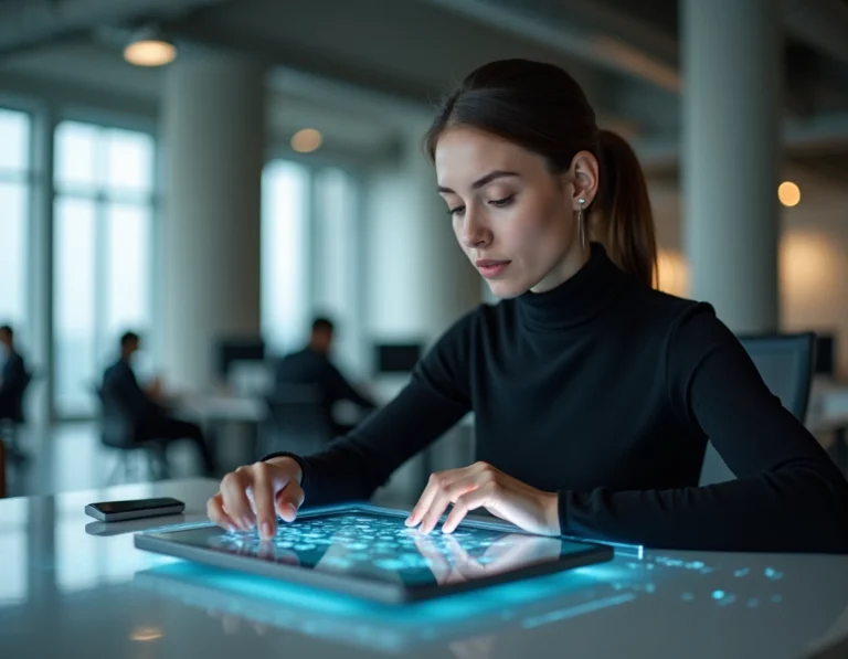 Femme utilisant une tablette holographique dans un bureau technologique moderne, illustrant les tendances technologiques actuelles