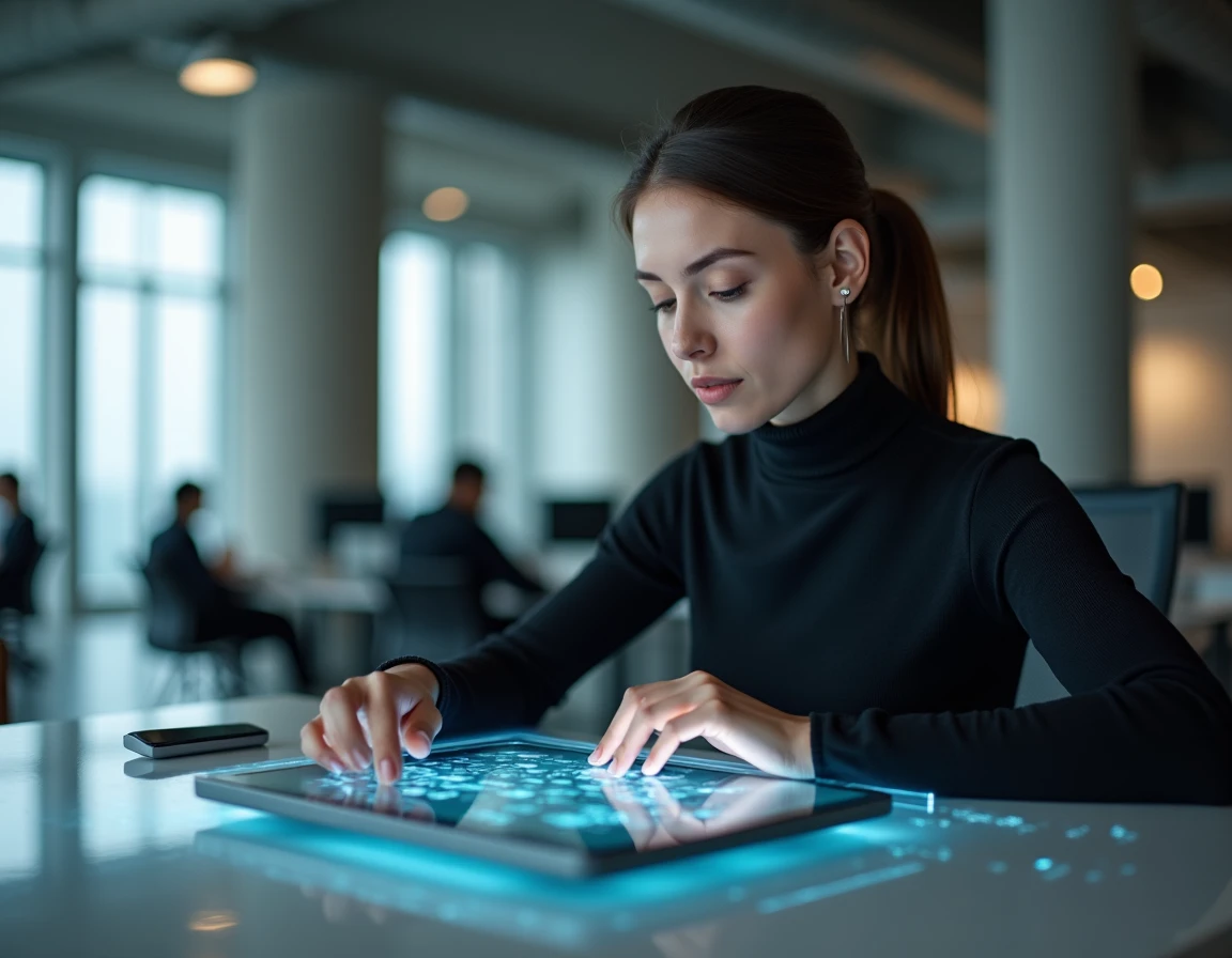 Femme utilisant une tablette holographique dans un bureau technologique moderne, illustrant les tendances technologiques actuelles