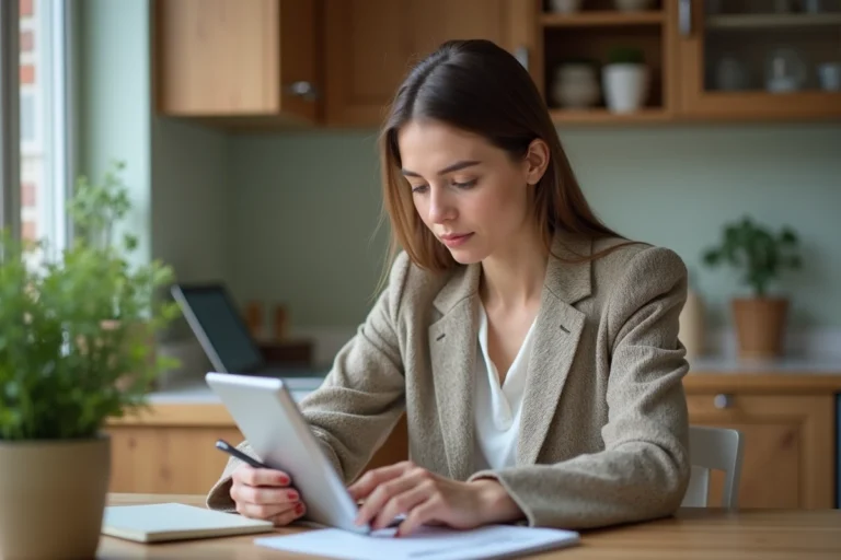Jeune femme au bureau à domicile utilisant une tablette