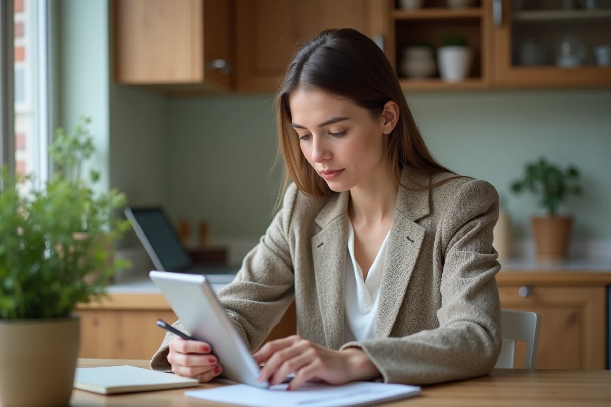 Jeune femme au bureau à domicile utilisant une tablette