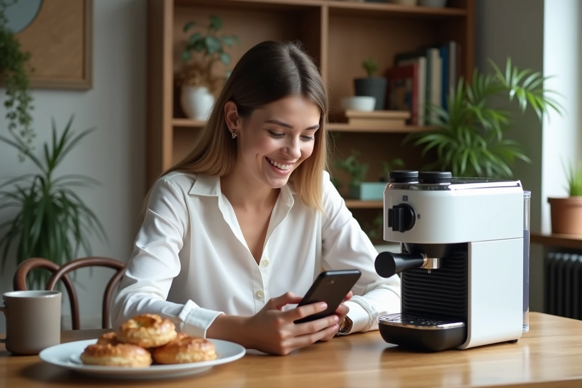 Jeune femme utilisant son smartphone pour un manuel de café