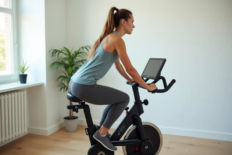 Femme utilisant le vélo appartement Sportstech X150 dans un intérieur minimaliste moderne
