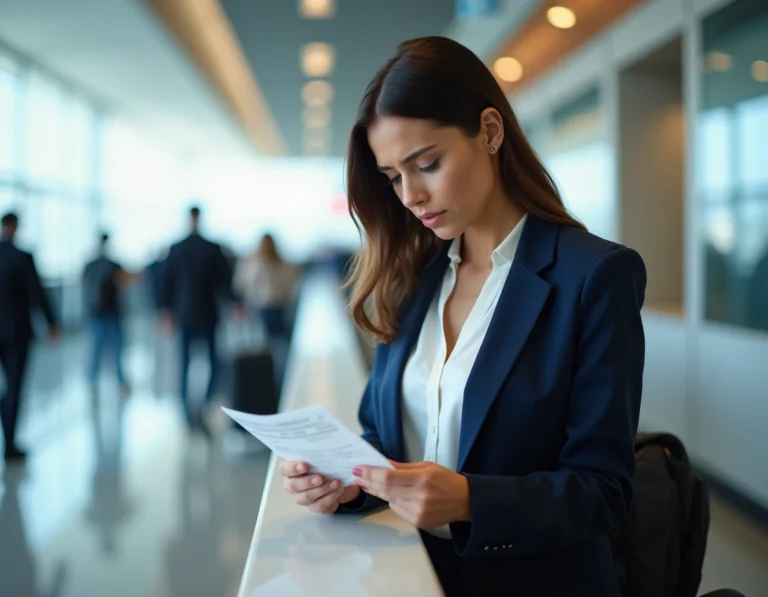 Femme vérifiant son billet d'avion au comptoir d'enregistrement d'un aéroport international
