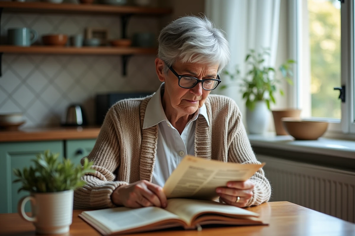 Femme âgée feuilletant un catalogue vintage dans la cuisine
