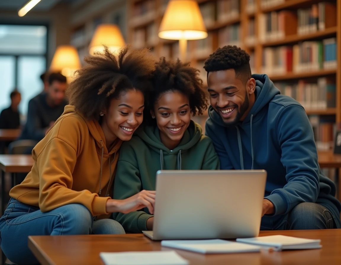 Groupe d'étudiants cherchant un job étudiant ensemble sur un ordinateur portable en bibliothèque universitaire