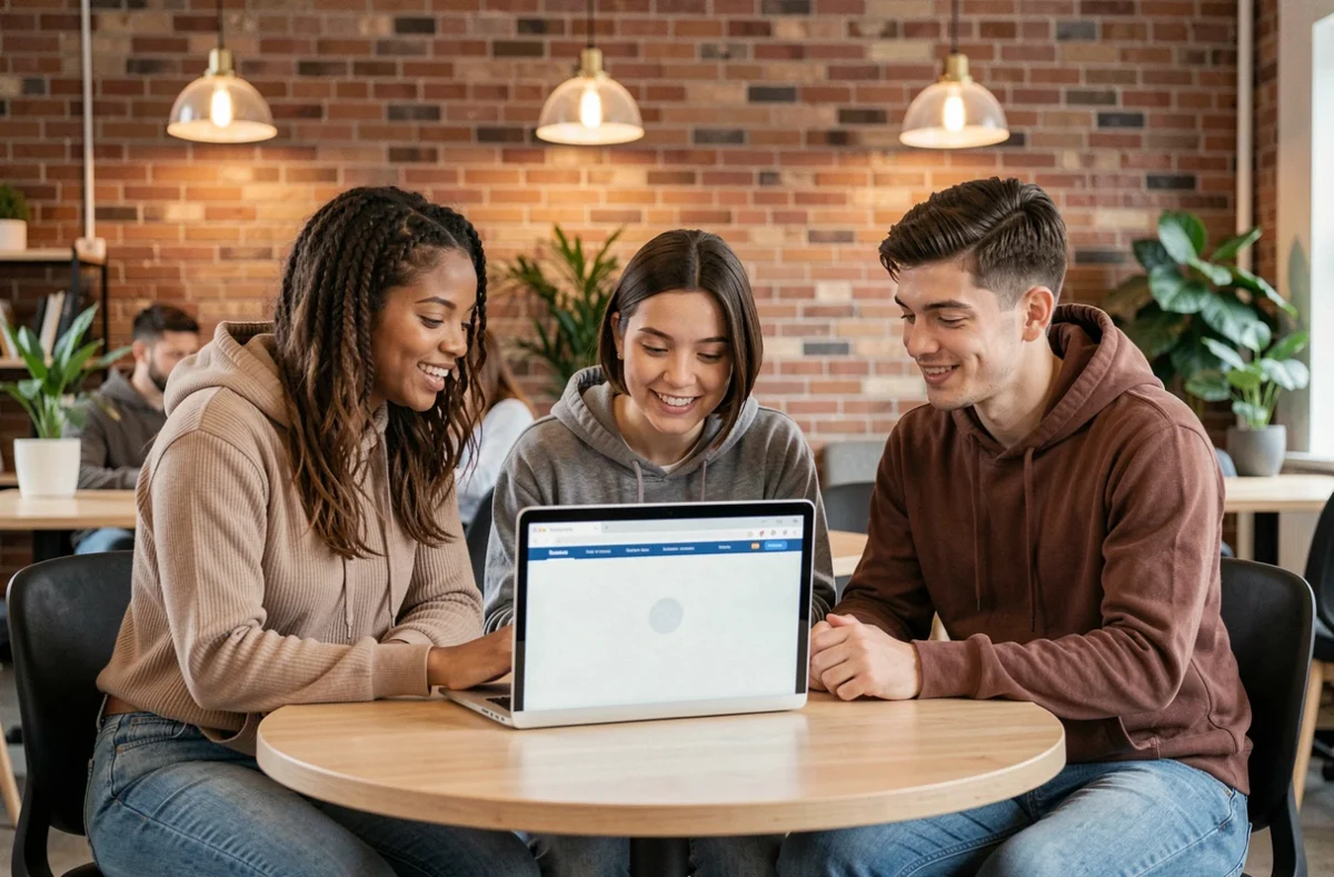 Groupe d'étudiants recherchant des opportunités d'emploi et de formation sur un ordinateur portable
